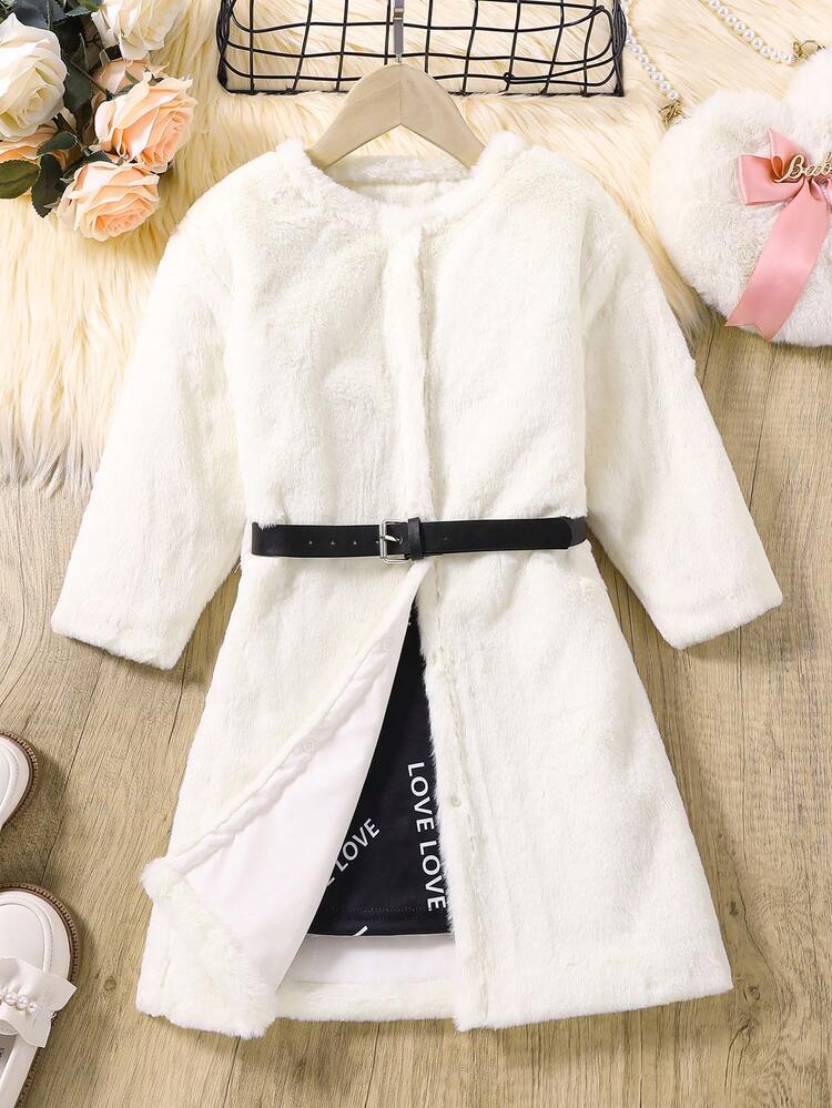 Young Girl Letter Graphic Cami Dress & Fuzzy Coat