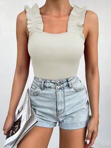 Cottnline Ruffle Trim Ribbed Knit Tank Top - White - View 3