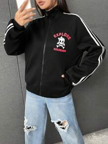 SHEIN EZwear Letter Graphic Contrast Tape Raglan Sleeve Zip Up Sweatshirt - Black - View 5