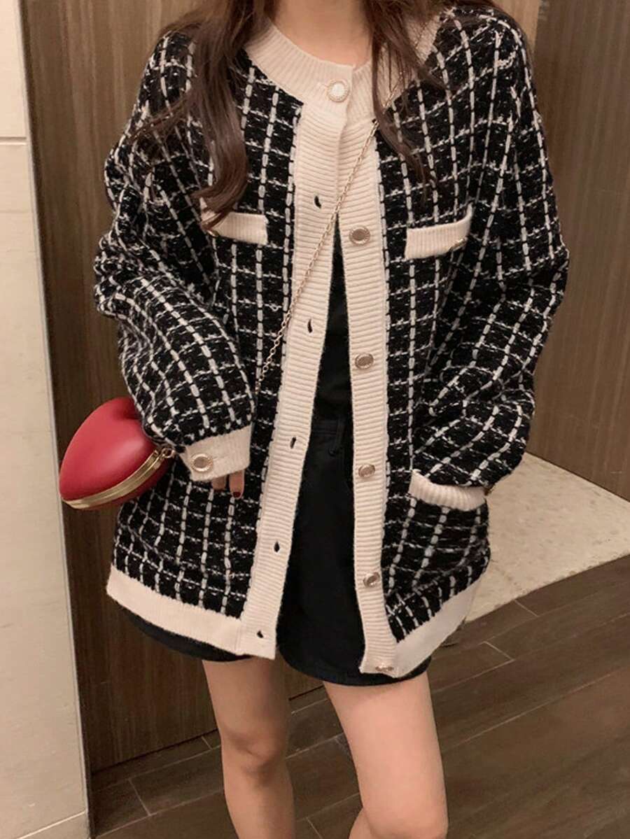 撞色饰边格子落肩开衫、长袖上衣