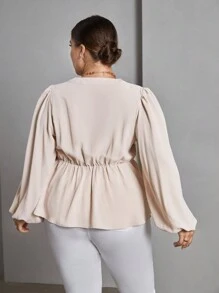 SHEIN Privé Plus Áo kiểu có nút thắt tay đèn lồng phía trước - Màu Khaki - Xem 2