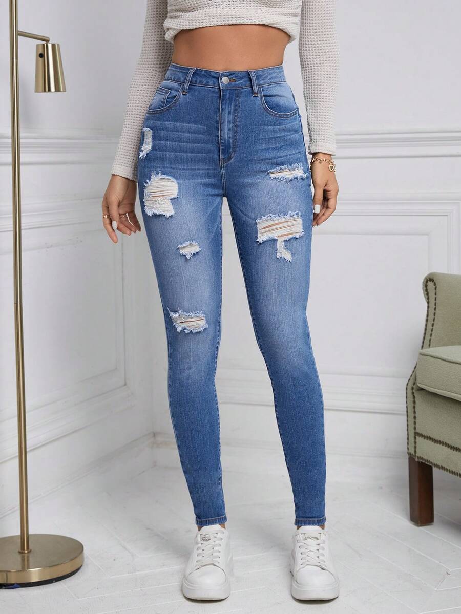 SHEIN Frenchy Quần Jeans Skinny Rách Eo Cao - trắng - Xem 1