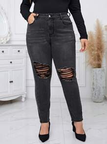 SHEIN Essnce Plus Ripped Skinny Jeans - Black - View 6
