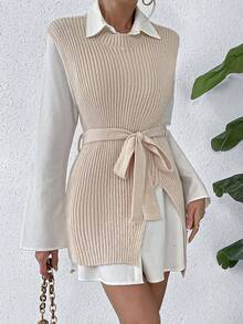 SHEIN LUNE 1pc Split Hem Belted Sweater Vest - Khaki - View 5