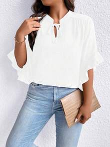 SHEIN LUNE Plus Tie Neck Batwing Sleeve Blouse - White - View 5