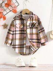 SHEIN 年輕女孩格子印花翻蓋細節弧形下擺外套 - 彩色 - 查看 1