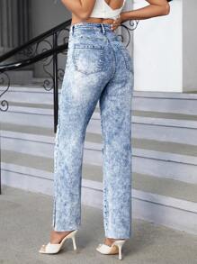 SHEIN Essnce 高腰破洞喇叭牛仔褲 - 淺色水洗藍 - 查看 3