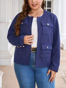 SHEIN Clasi Talla grande Cazadora con bolsillo con solapa - Azul Marino - Ver 1