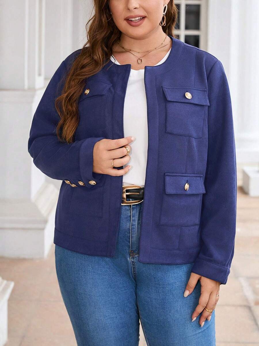 SHEIN Clasi Talla grande Cazadora con bolsillo con solapa - Azul Marino - Ver 1