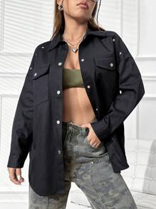 SHEIN Unity 有蓋口袋落肩鈕扣前大衣 - 黑色 - 查看 1