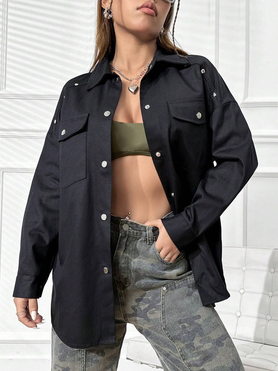 SHEIN Unity 有蓋口袋落肩鈕扣前大衣 - 黑色 - 查看 1
