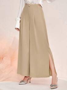 Modelyn Split Thigh Wide Leg Pants - Khaki - View 1