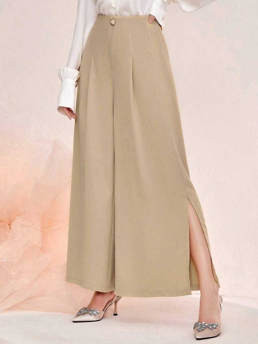 Modelyn Split Thigh Wide Leg Pants - Khaki - View 1
