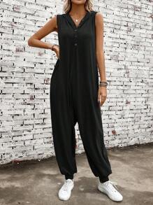 SHEIN LUNE 半排扣連帽無袖連體褲 - 黑色 - 查看 1