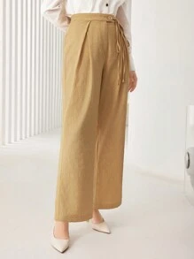 Seusyu Pantalones de pierna ancha de talle alto con cinturón - Albaricoque - Ver 6