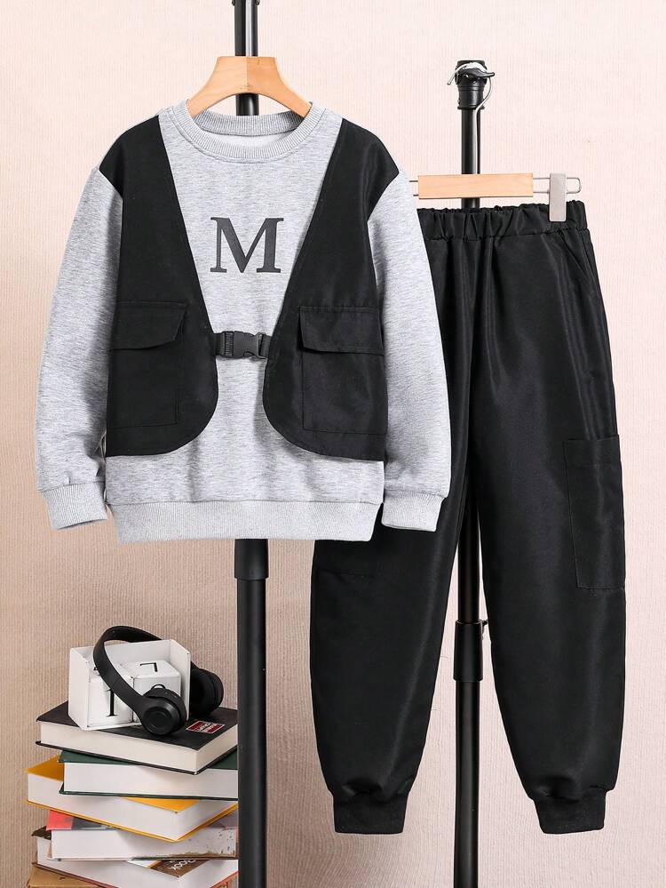 Tween Boy Letter Graphic Two Tone Flap Pocket 2 In 1 Pullover & Pants