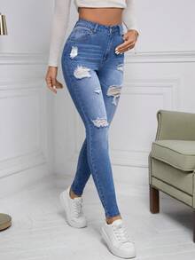 SHEIN Frenchy Quần Jeans Skinny Rách Eo Cao - trắng - Xem 3