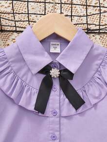 SHEIN Young Girl Ruffle Trim Flare Sleeve Bow Front Shirt - Purple - View 4