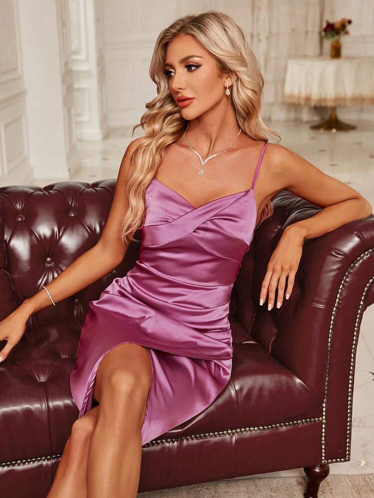 Solid Wrap Hem Satin Cami Dress