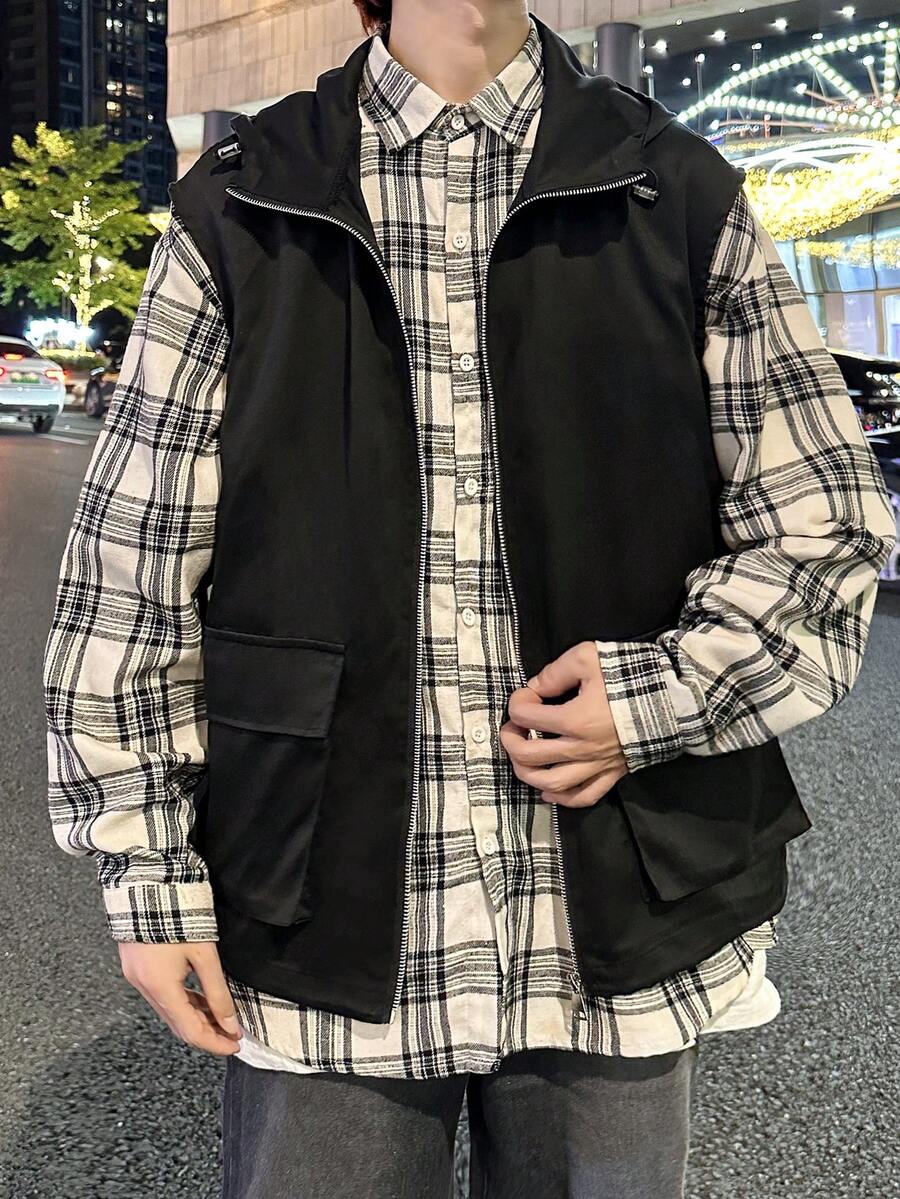 Manfinity EMRG Men Flap Pocket Zipper Hooded Vest Jacket - Black - View 1