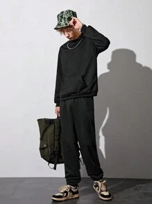 青少年男孩素色袋鼠口袋衛衣和衛褲 - 黑色 - 查看 1