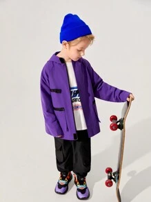 SHEIN Tween Boy Buckle Detail Raglan Sleeve Hooded Thermal Coat - Purple - View 3