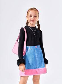 SHEIN Cô gái Tween Khối màu Hiệu ứng denim In Váy - Màu xanh lam - Xem 3