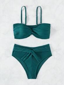 Twist Front High Waisted Bikini Set - Teal Blue - View 3