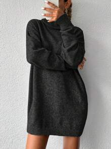 EURMUSE 高領落肩袖毛衣洋裝不附腰帶 - 黑色 - 查看 5