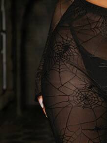 SHEIN SXY Spider Web Print Mesh Flare Leg Pants Without Panty - Black - View 6