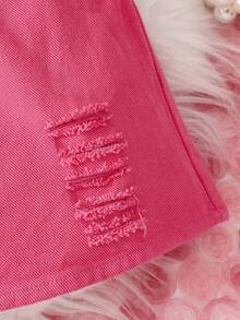 Baby Girl Ripped Paperbag Waist Belted Skirt - Hot Pink - View 5