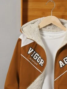 SHEIN Adolescent Garçon 1 pièce Manteau À Capuche À Lettres Poche À Rabat À Doublure Thermique