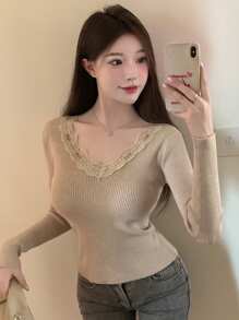 DAZY Jersey unicolor ribete con encaje de canalé delgado - Albaricoque - Ver 1