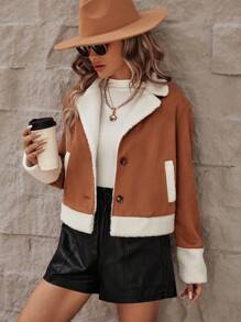 SHEIN LUNE Color Block Teddy Lined Jacket - Khaki - View 1