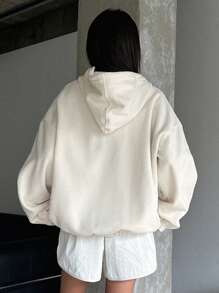 DAZY Letter Embroidery Drop Shoulder Fleece Hoodie,Fall Women Clothes Sweatshirt - White - View 2