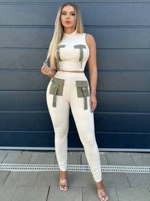 SHEIN SXY 翻蓋細節背心上衣和褲子 - 杏色 - 查看 1