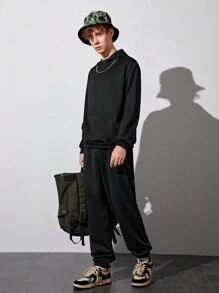 青少年男孩素色袋鼠口袋衛衣和衛褲 - 黑色 - 查看 3