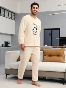 Nam Gấu trúc & Thêu Chữ Tay Raglan Teddy Bộ PJ - Màu be - Xem 4