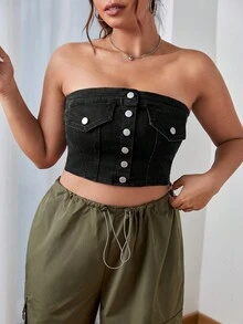 SHEIN EZwear Plus Button Front Tube Denim Top - Black - View 6