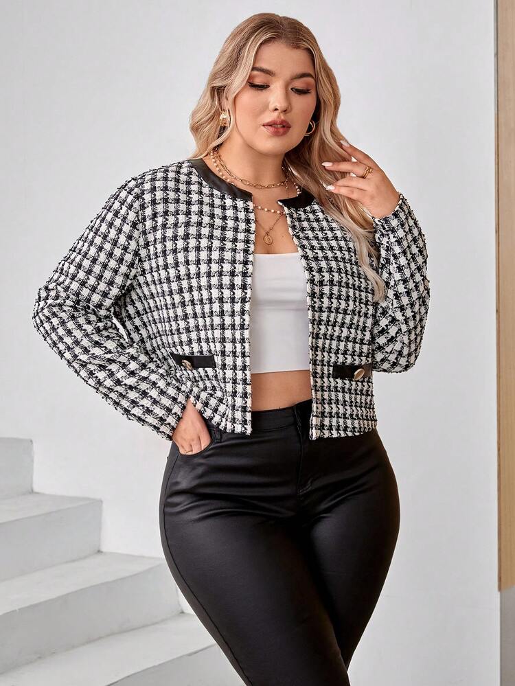 Plus Houndstooth Print Open Front Jacket Winter Fall Autumn