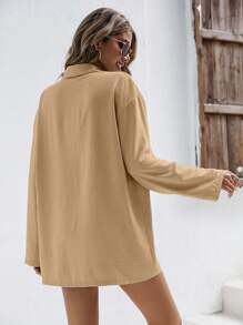 SHEIN Unity 纯色落肩亚麻衬衫和短裤 亚麻面料套装 返校服装 秋季女装 复古风格教师服装 商务女装 教师衬衫 - 卡其色 - 查看 2