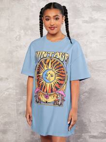 SHEIN 青少年女孩太陽&字母圖案落肩T恤連衣裙 - 淺藍色 - 查看 5