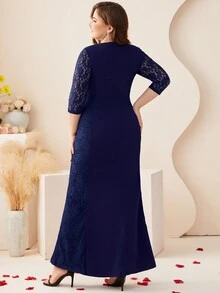 大碼蕾絲拼接長連衣裙 - 藏蓝色 - 查看 2