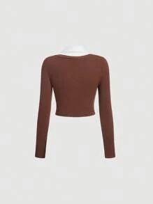 SHEIN MOD 二合一撞色短款T恤 - 棕色 - 查看 2