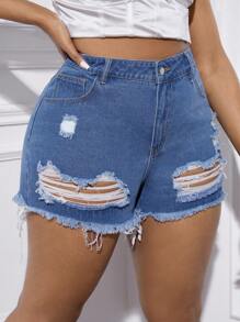 SHEIN SXY Plus Size Women's Frayed Ripped Denim Shorts - Medium Wash - View 5