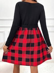 SHEIN 孕婦水牛格紋印花扇貝飾邊束帶洋裝