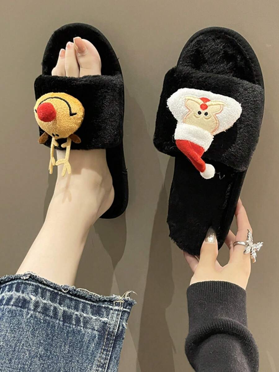 女士家居拖鞋聖誕鹿圖案柔軟絨面防滑鞋底保暖冬季平底