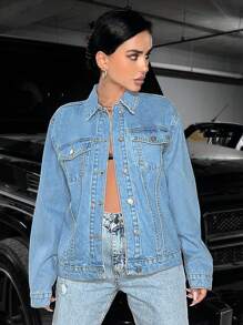 EURMUSE Flap Pocket Drop Shoulder Denim Jacket - Blue - View 3