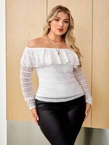 SHEIN Privé Plus Off Shoulder Ruffle Trim Lace Tee - White - View 5