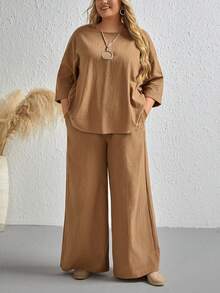 EMERY ROSE 大碼素色T恤&闊腿褲 - 咖啡棕 - 查看 5